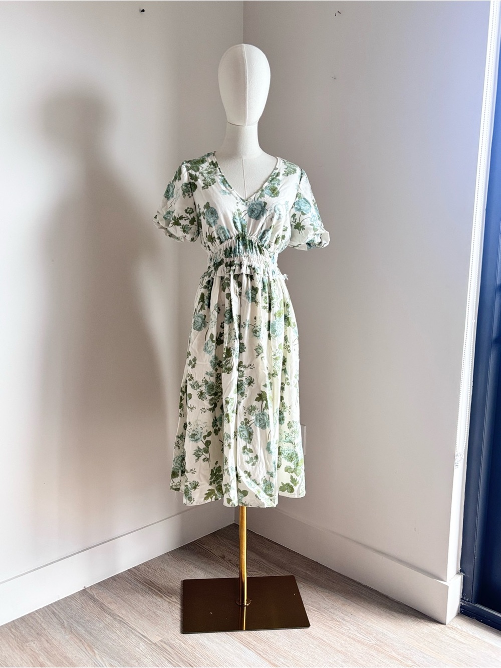 White and Green Floral Midi Dress with Smocked Waist